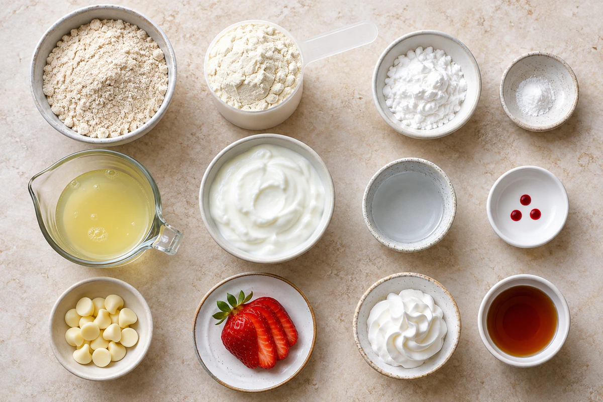 Exact measured ingredients for Strawberries and Cream Protein Pancakes