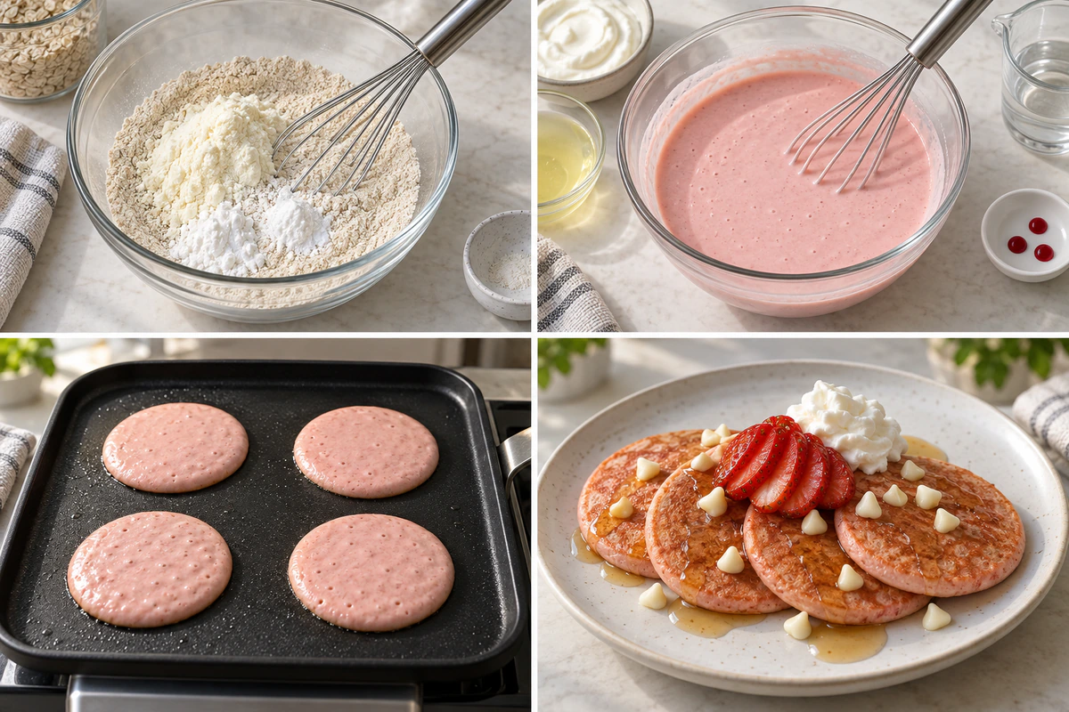 Four chronological preparation stages for Strawberries and Cream Protein Pancakes