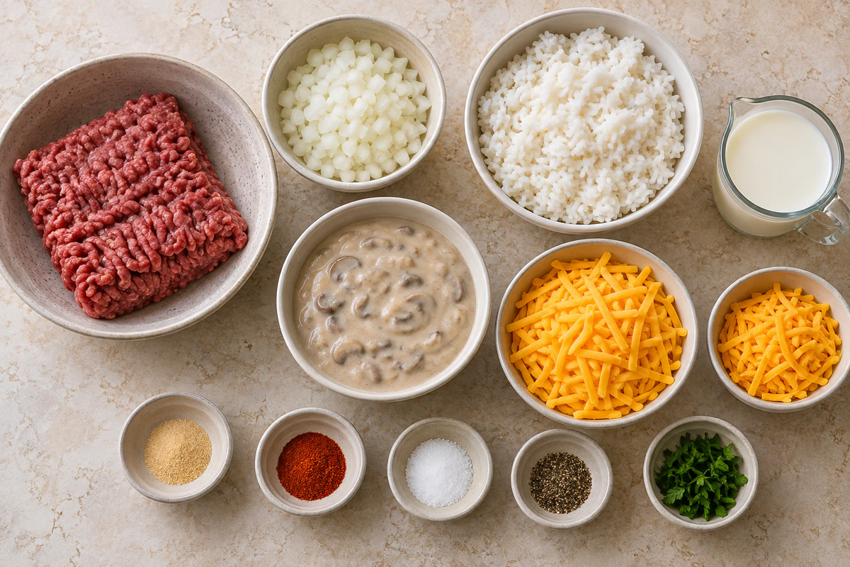 Exact measured ingredients for Cheesy Ground Beef Rice Casserole