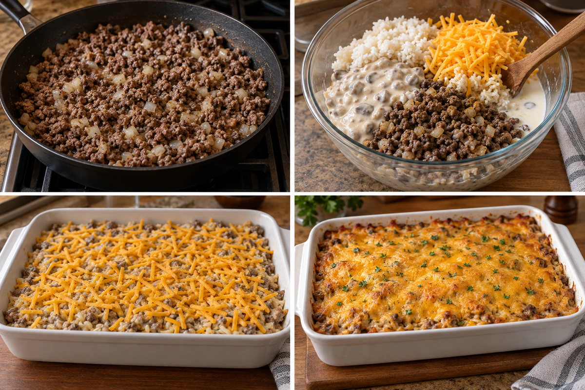 Four chronological preparation stages for Cheesy Ground Beef Rice Casserole