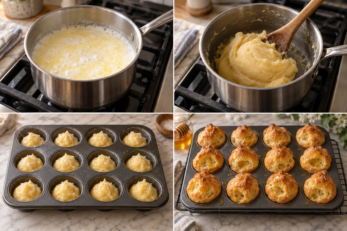 Four chronological preparation stages for Nun's Puffs