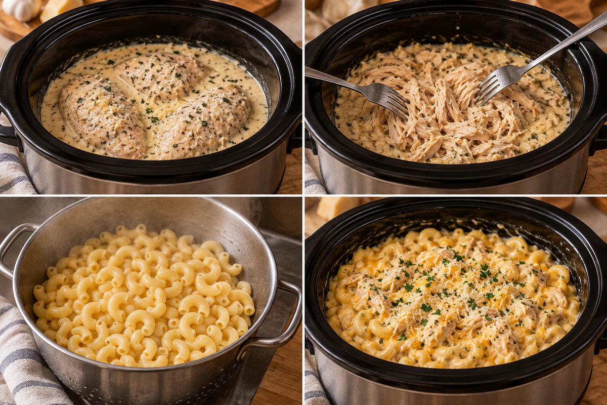 Four chronological preparation stages for Parmesan Garlic Chicken Mac and Cheese