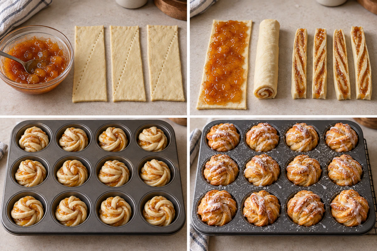 Four chronological preparation stages for Peach Pie Cruffins