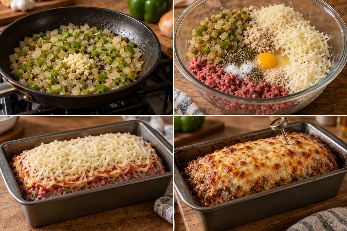 Four chronological preparation stages for Philly Cheesesteak Meatloaf