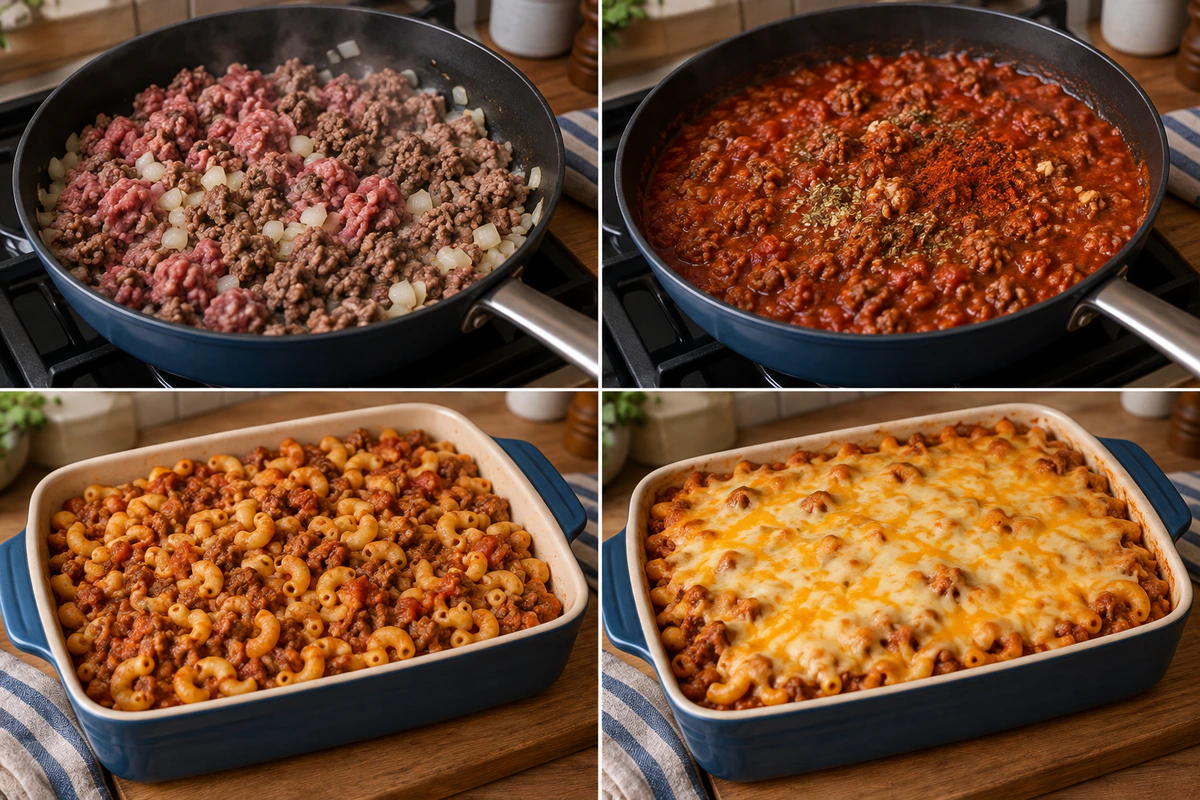 Four chronological preparation stages for Cheesy Hamburger Casserole