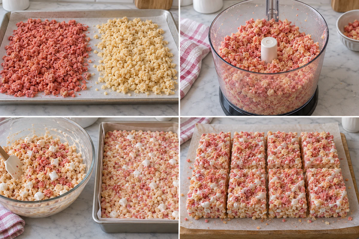 Four chronological preparation stages for Strawberry Crunch Rice Krispie Treats