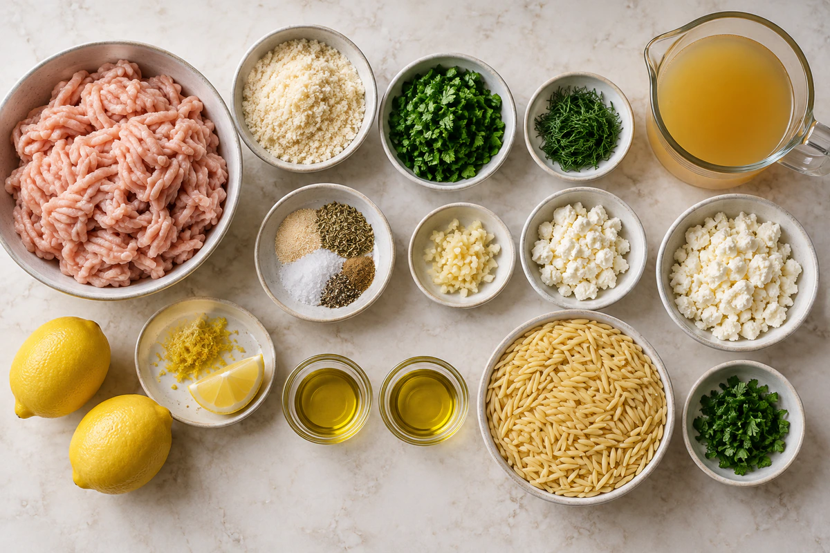 Exact measured ingredients for Greek Chicken Meatballs with Lemon Orzo