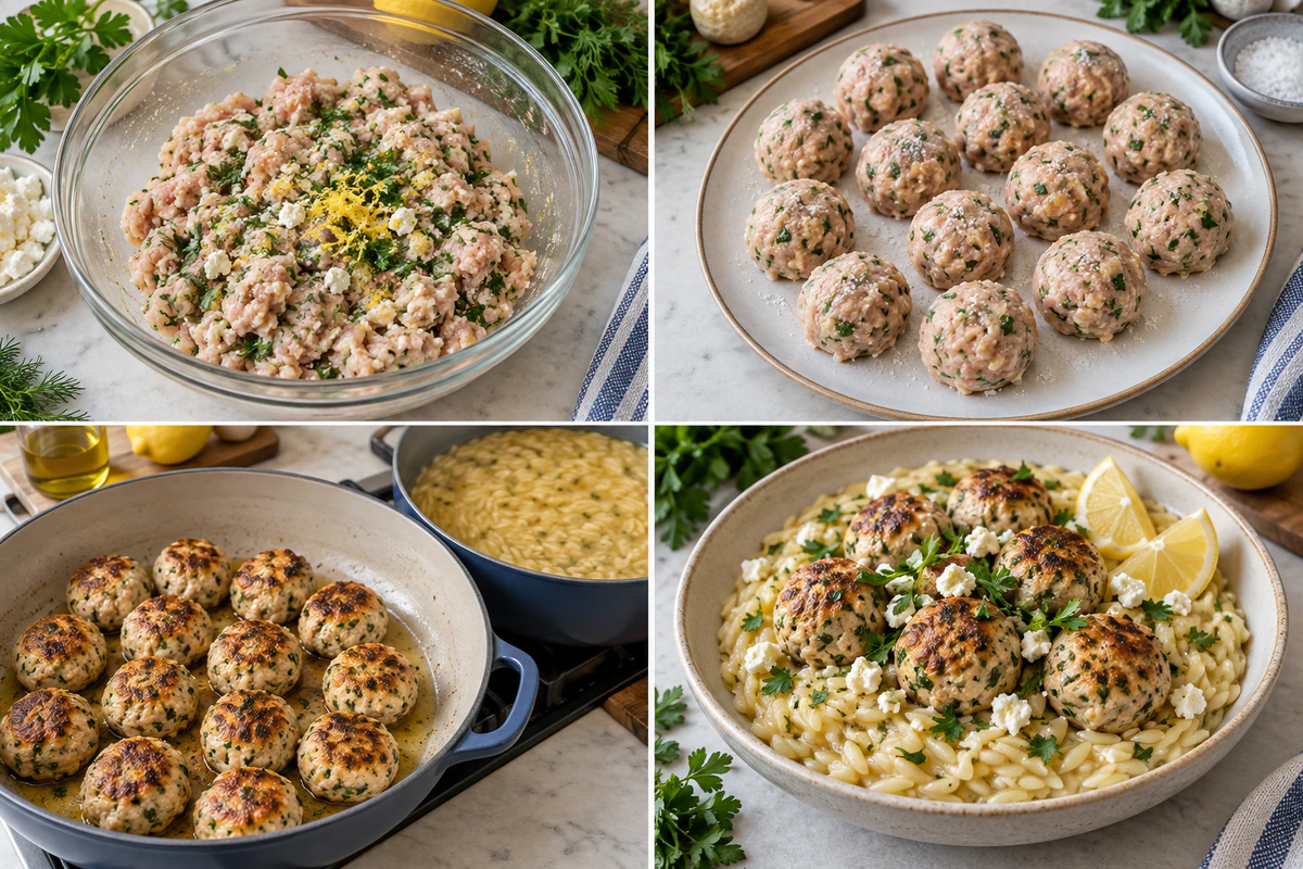 Four chronological preparation stages for Greek Chicken Meatballs with Lemon Orzo