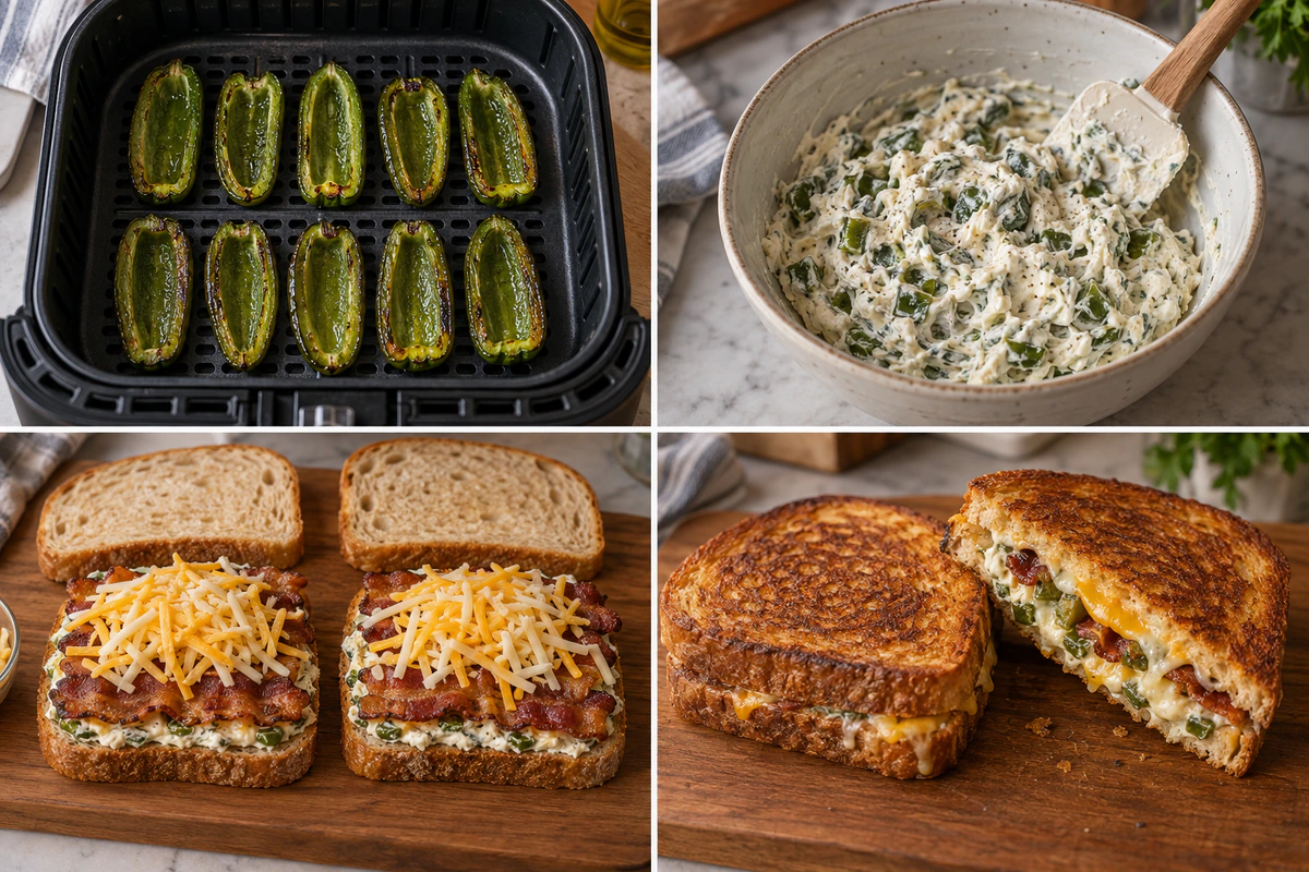 Four chronological preparation stages for Roasted Jalapeno Popper Grilled Cheese