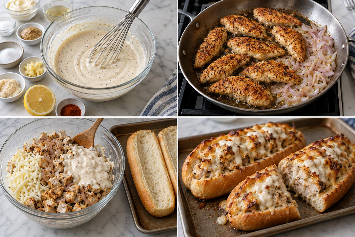 Four chronological preparation stages for White BBQ Chicken Subs