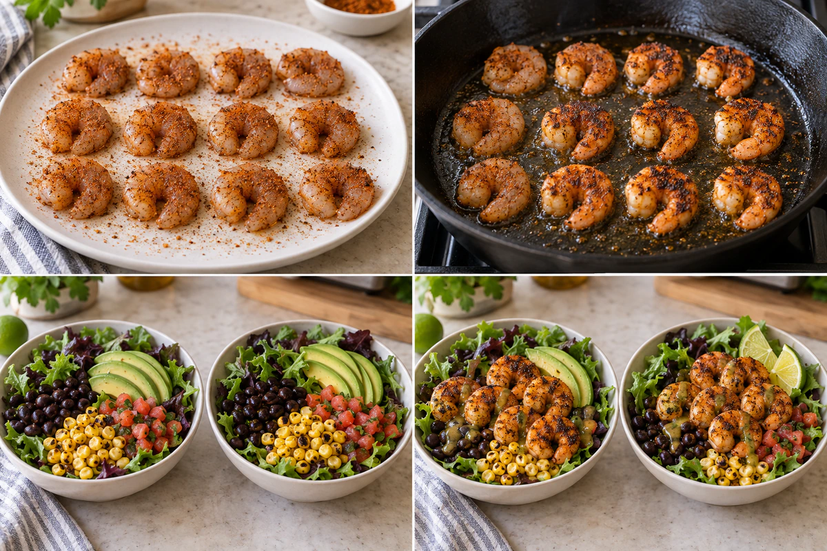 Four chronological preparation stages for Blackened Shrimp Salad