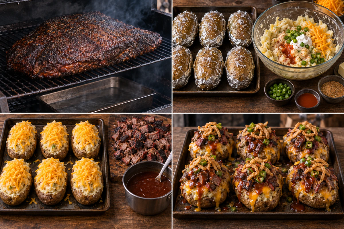 Four chronological preparation stages for Brisket Loaded Twice Baked Potatoes