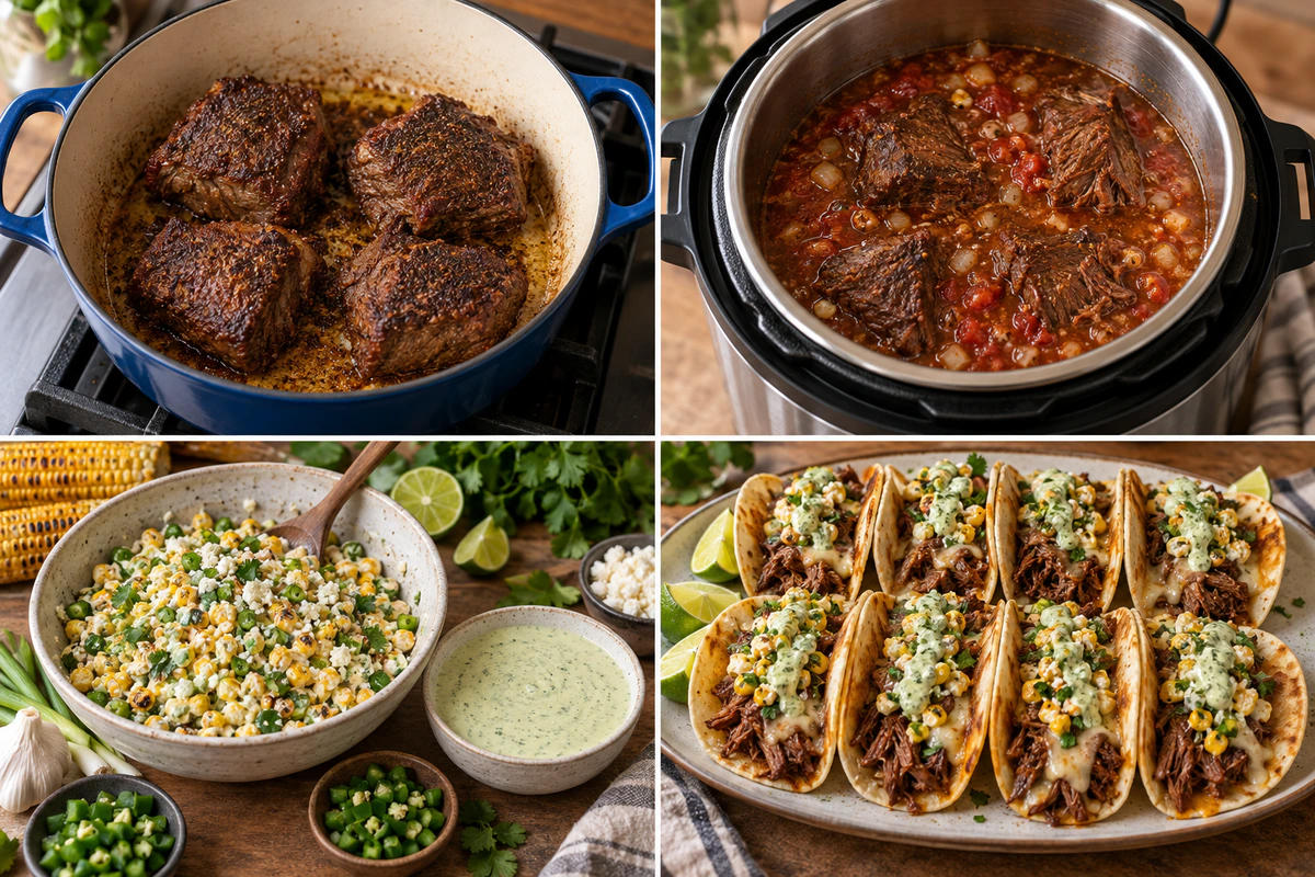 Four chronological preparation stages for Braised Brisket Tacos