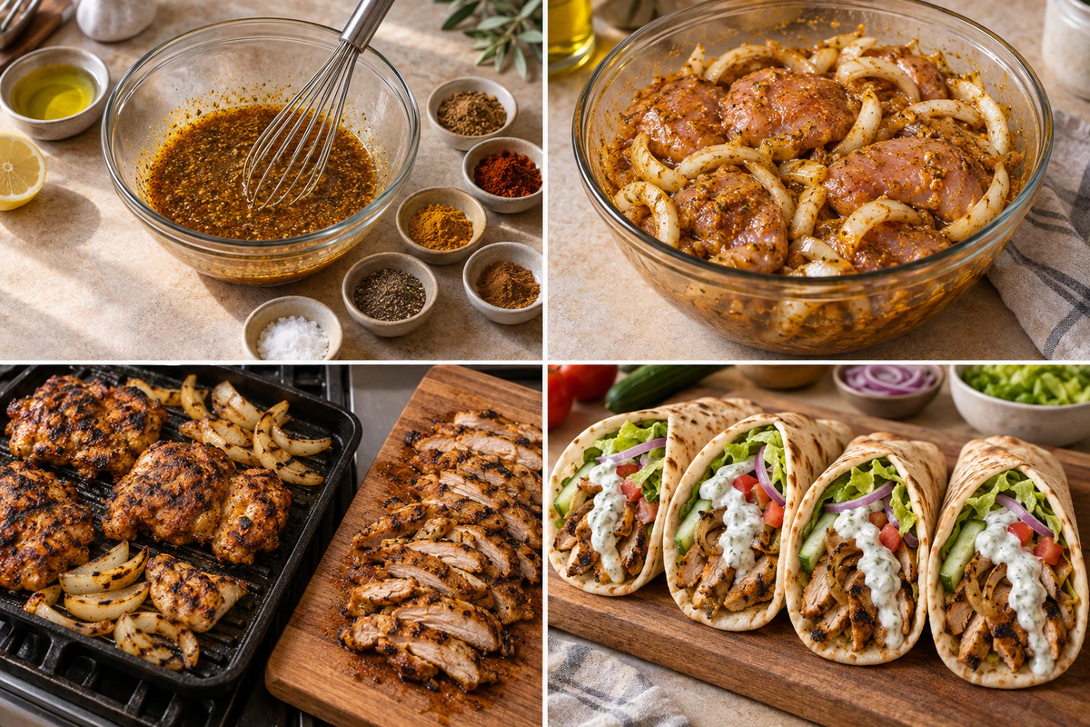 Four chronological preparation stages for Chicken Shawarma