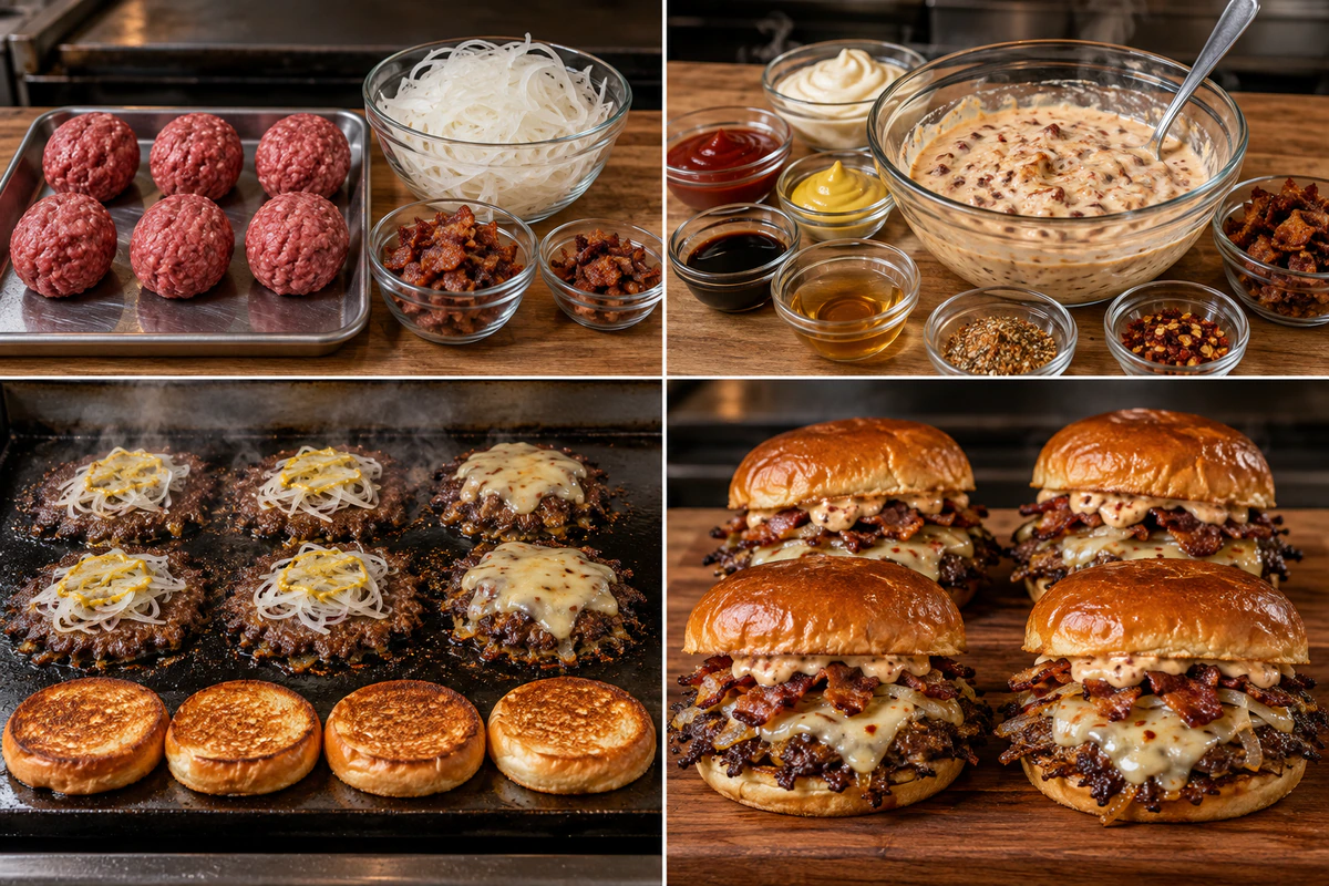 Four chronological preparation stages for Smash Burgers with Baconnaise Sauce