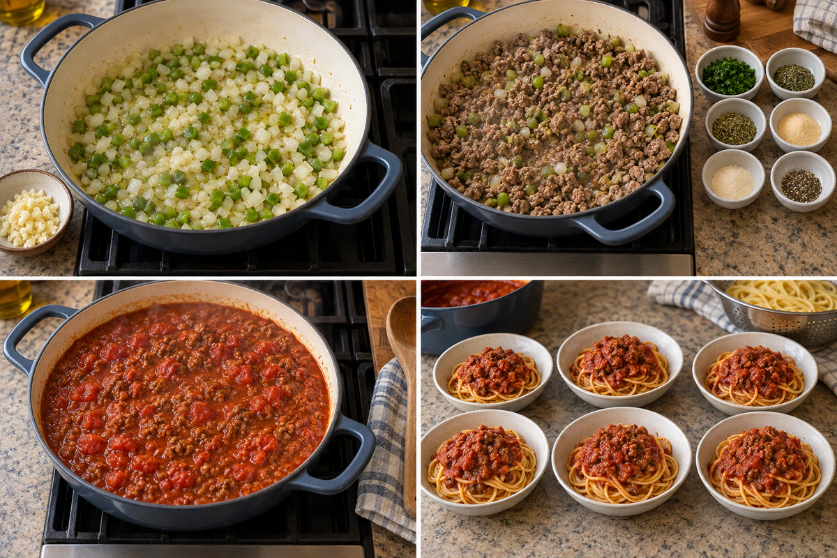 Four chronological preparation stages for Best Spaghetti Meat Sauce