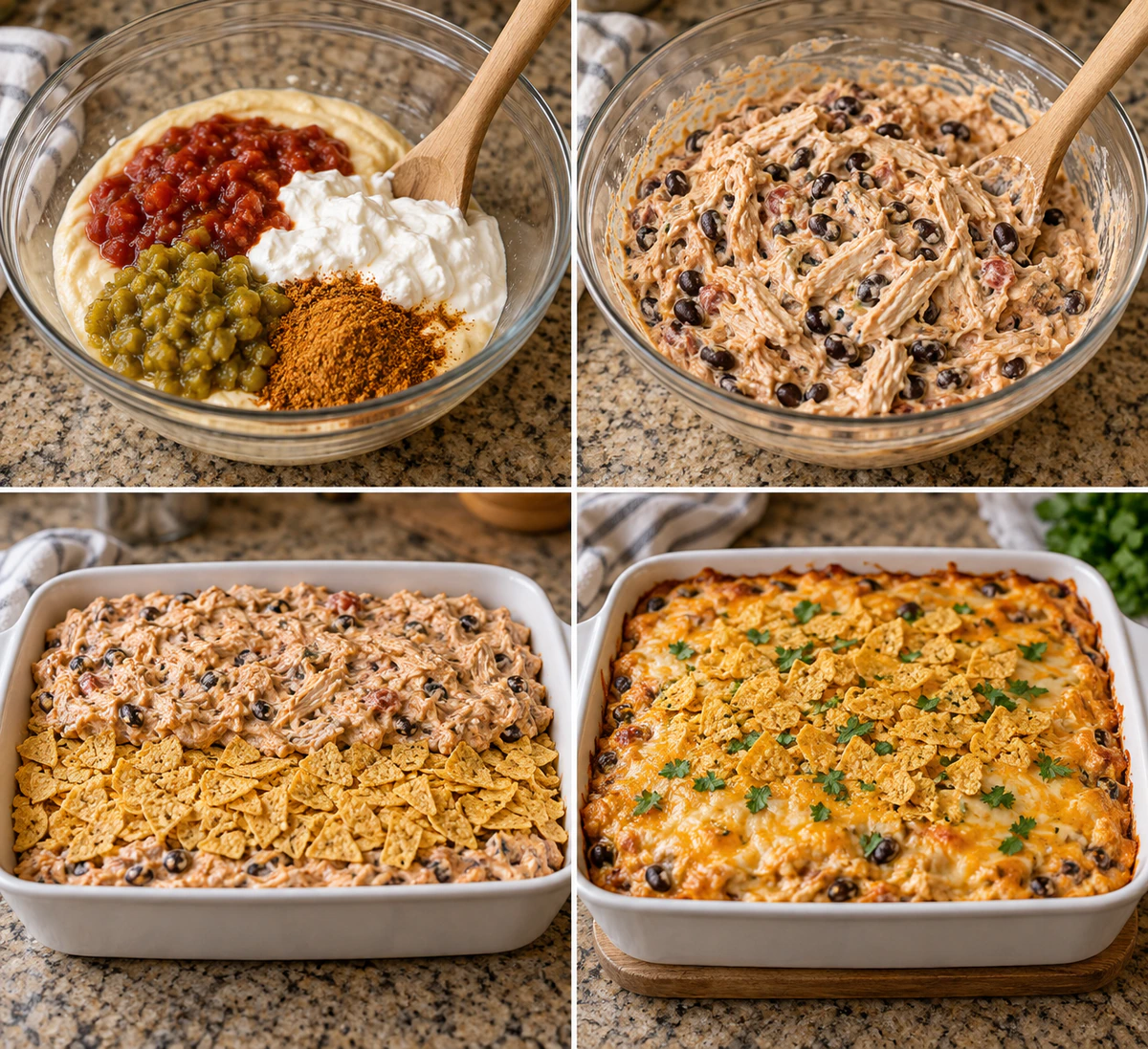 Four chronological preparation stages for Chicken Taco Casserole