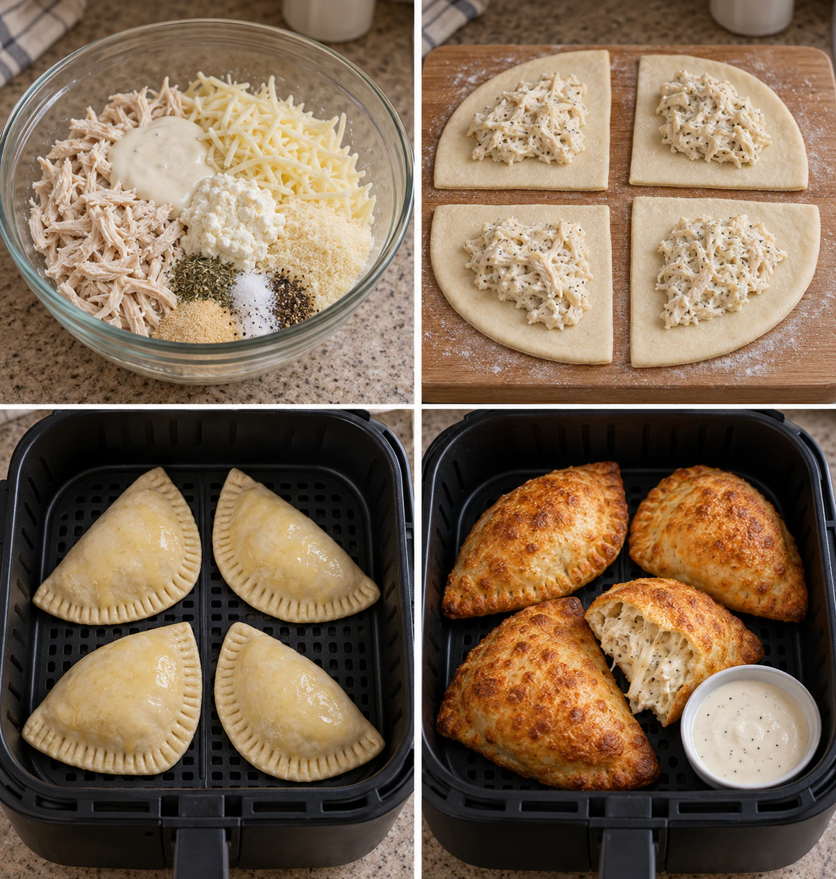 Four chronological preparation stages for Crispy Cheesy Chicken Alfredo Calzones
