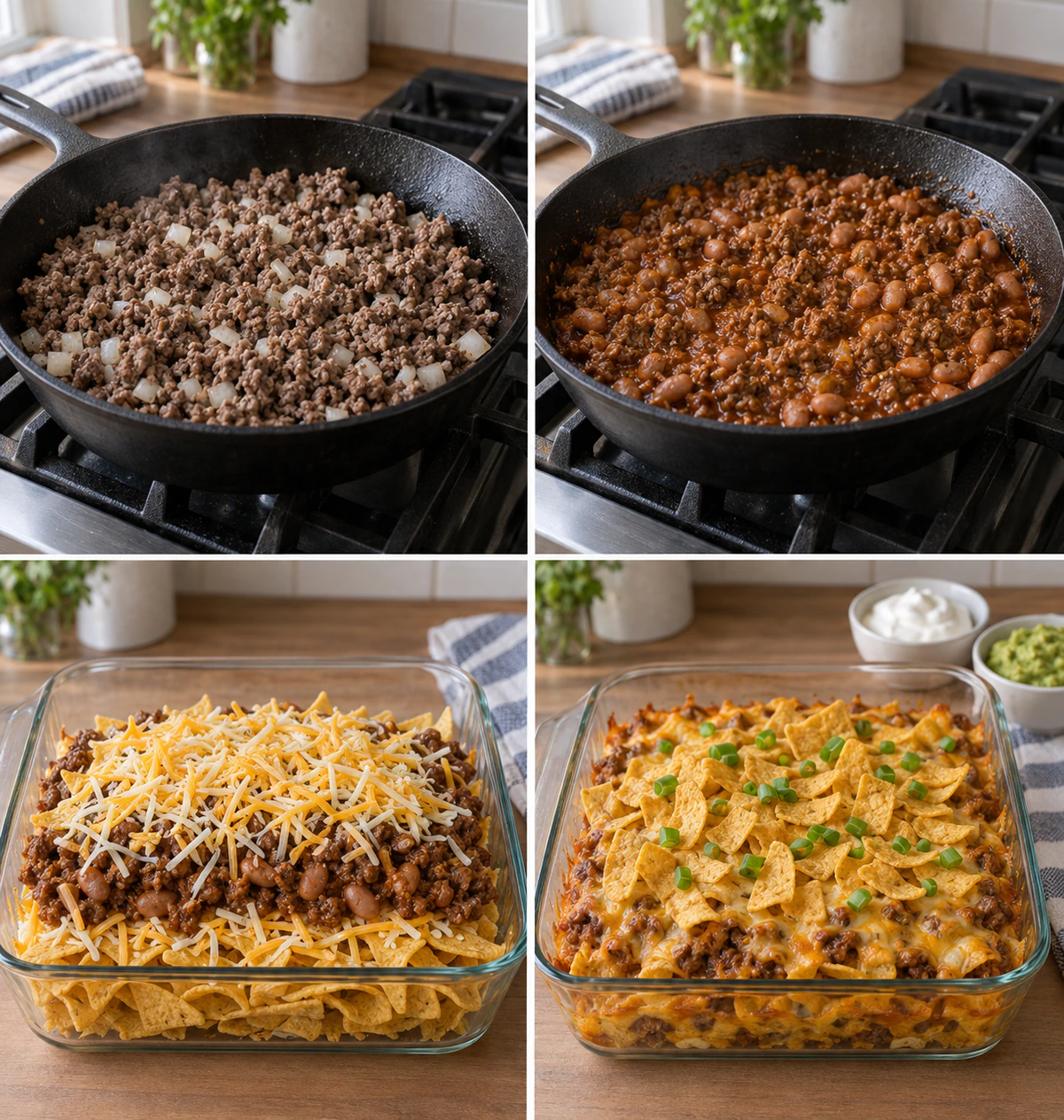 Four chronological preparation stages for easy-frito-pie-recipe