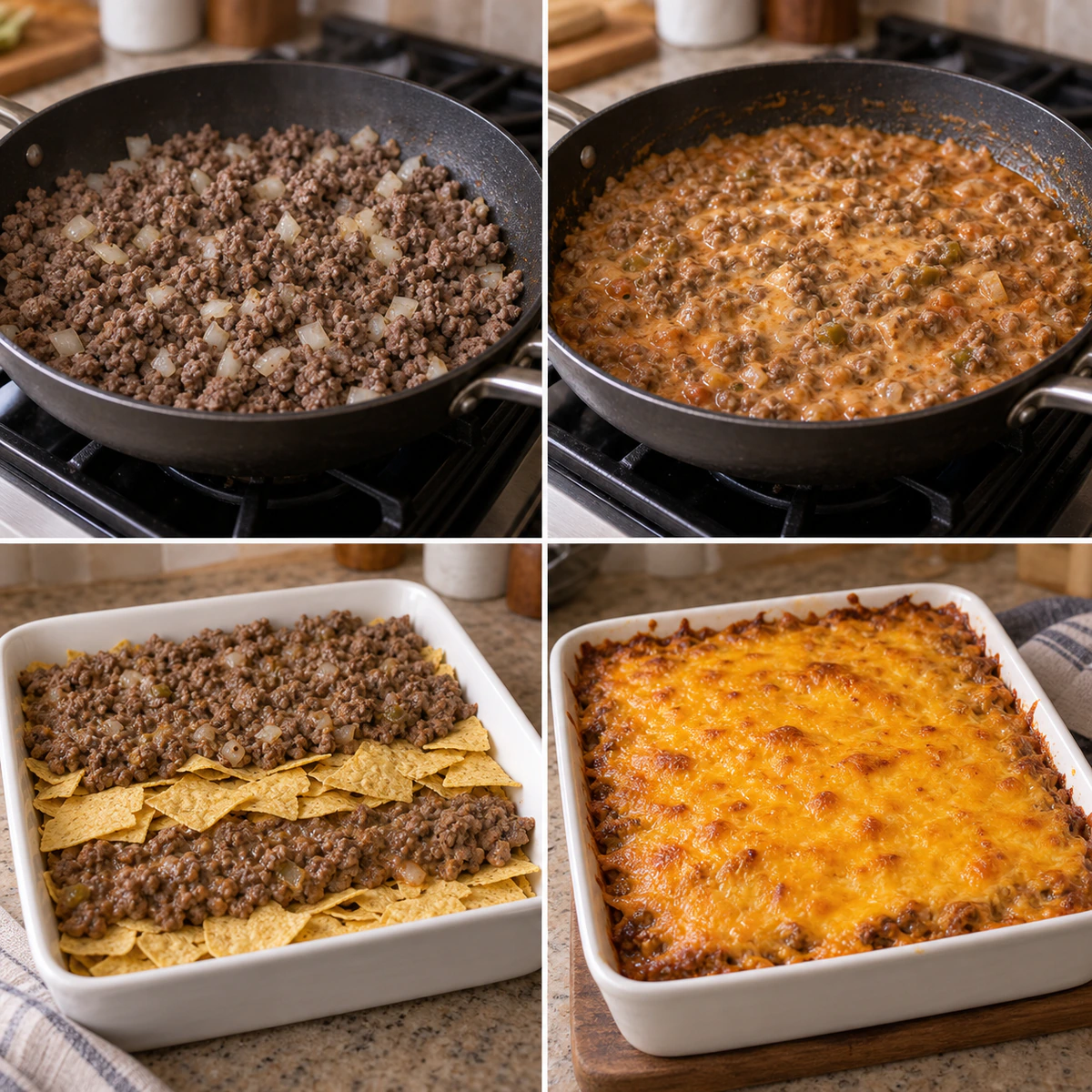 Four chronological preparation stages for Taco Casserole
