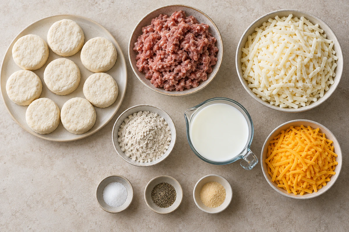 Exact measured ingredients for Biscuits Gravy Hashbrown Casserole