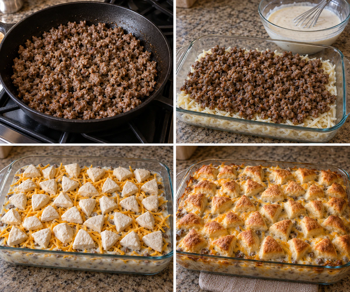 Four chronological preparation stages for Biscuits Gravy Hashbrown Casserole