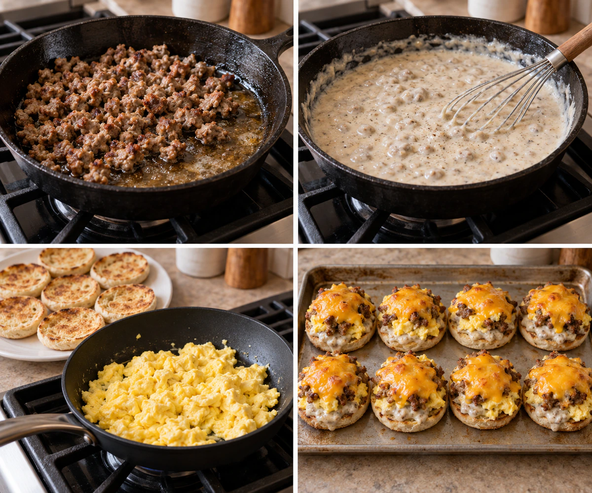 Four chronological preparation stages for Breakfast Pizza Muffins