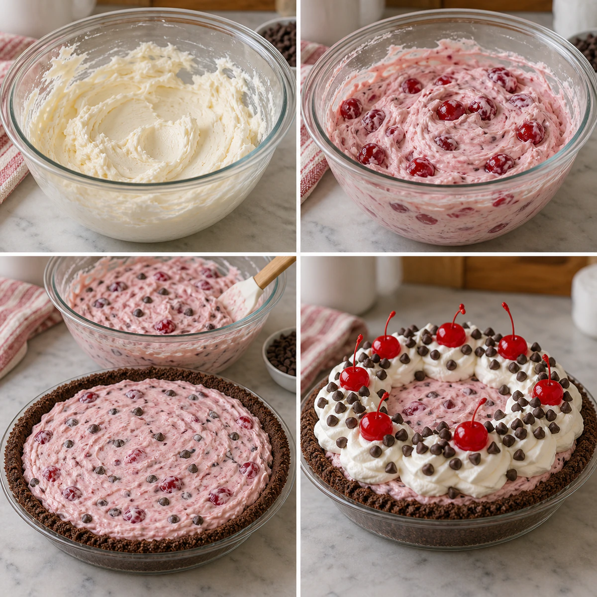 Four chronological preparation stages for Chocolate Cherry Pie