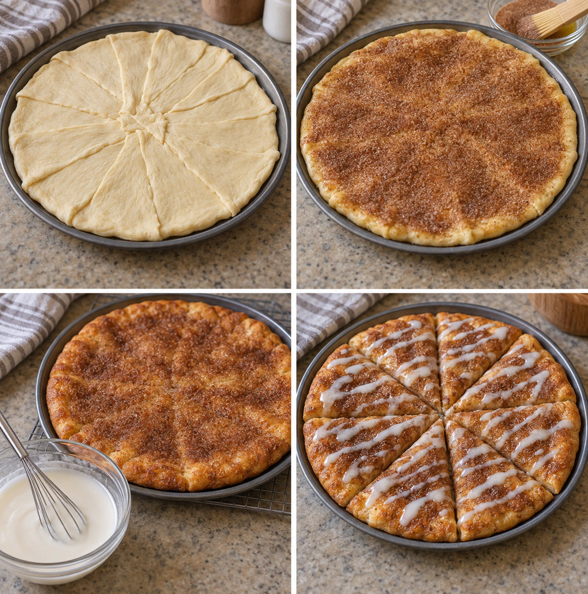 Four chronological preparation stages for Cinnamon-Sugar Pizza Made with Crescent Rolls