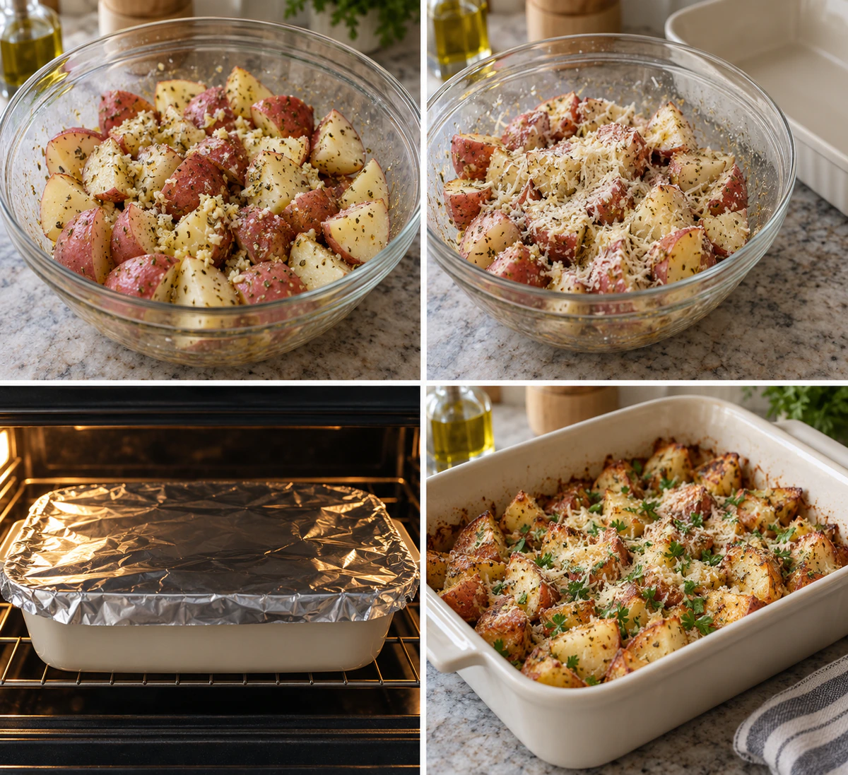Four chronological preparation stages for Garlic Parmesan Roasted Potatoes