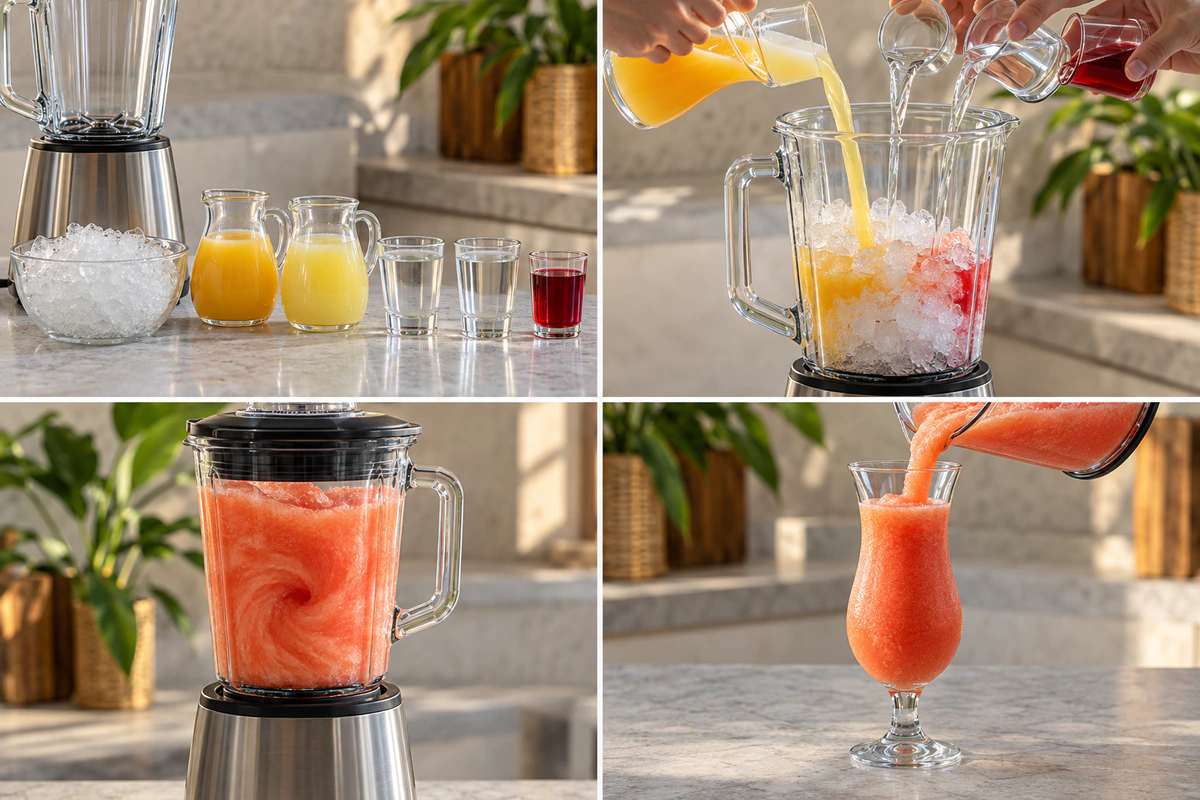 Four chronological preparation stages for Bahama Mama Cocktail