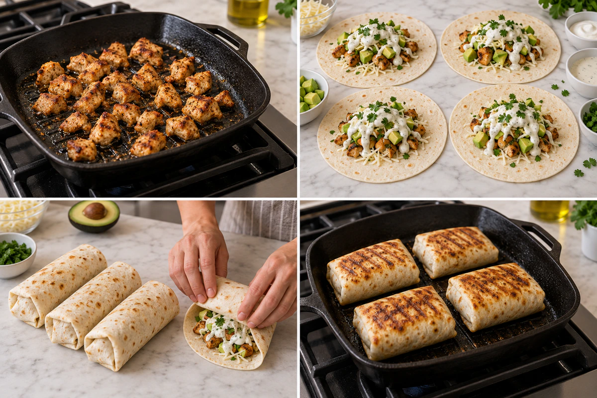 Four chronological preparation stages for Chicken Avocado Ranch Burritos
