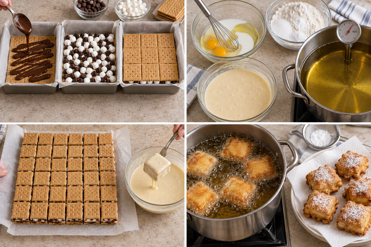 Four chronological preparation stages for Deep Fried S'mores