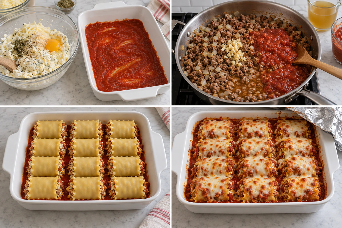 Four chronological preparation stages for Lasagna Roll Ups