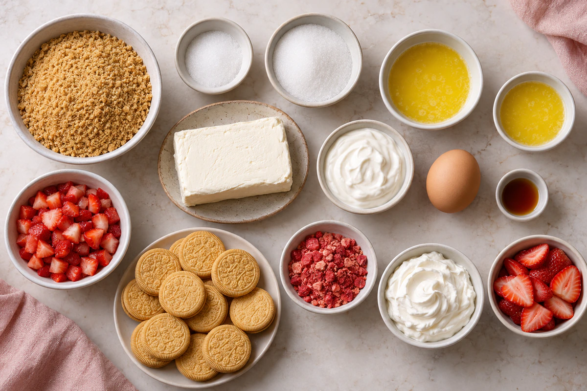 Exact measured ingredients for Mini Strawberry Crunch Cheesecake Bites