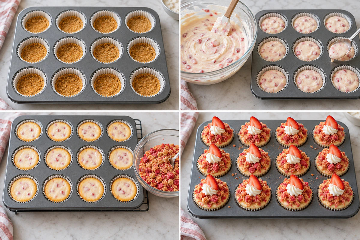 Four chronological preparation stages for Mini Strawberry Crunch Cheesecake Bites