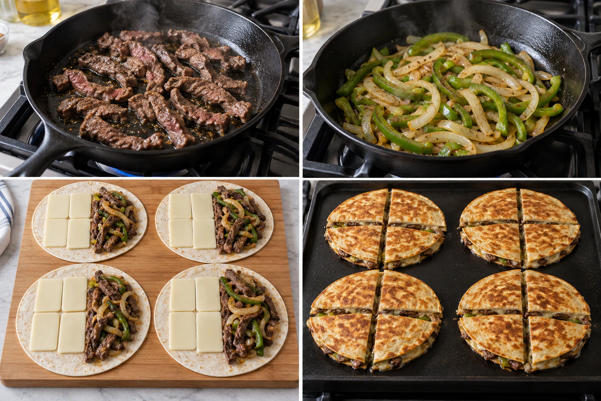 Four chronological preparation stages for Cheese Steak Quesadillas