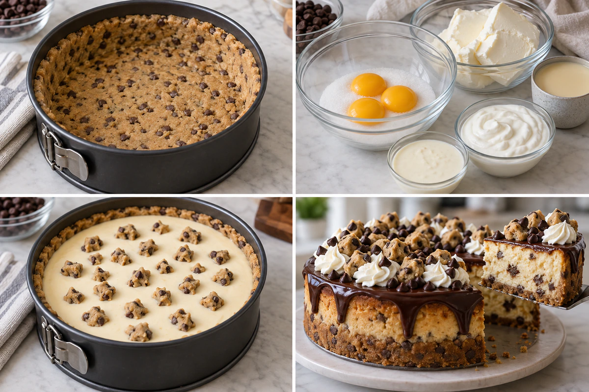 Four chronological preparation stages for Cookie Dough Cheesecake