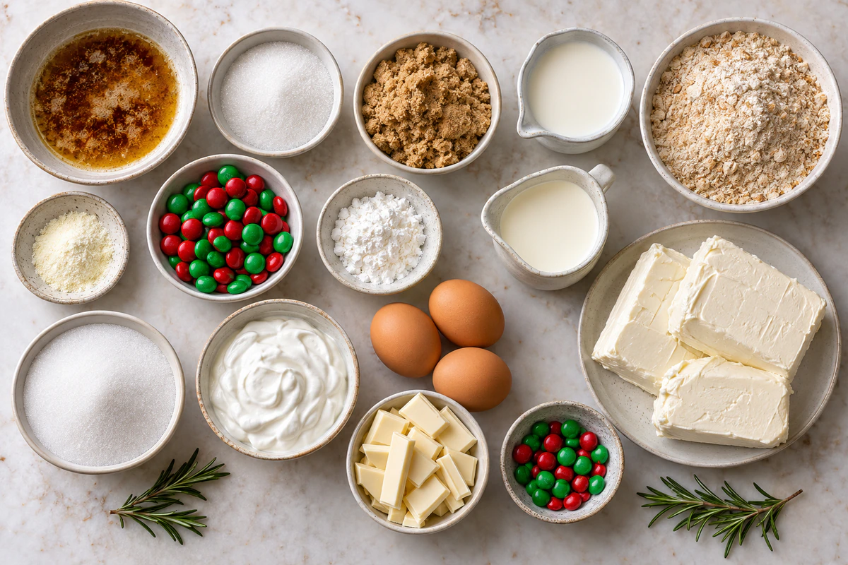 Exact measured ingredients for M&M Christmas Cookie Dough Cheesecake
