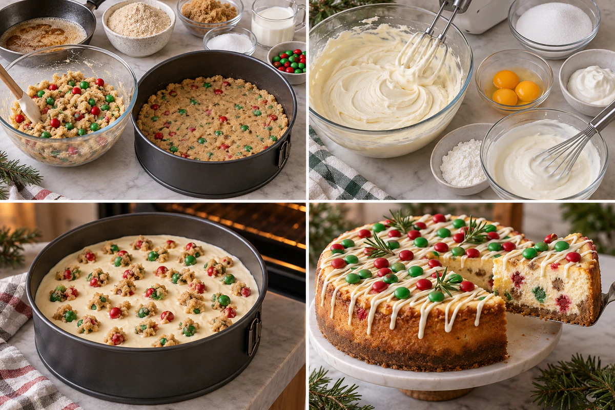Four chronological preparation stages for M&M Christmas Cookie Dough Cheesecake