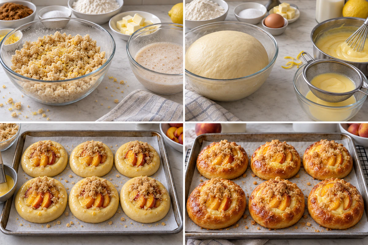 Four chronological preparation stages for peach-brioche