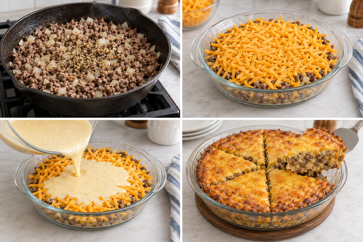 Four chronological preparation stages for Pioneer Woman Cheeseburger Pie