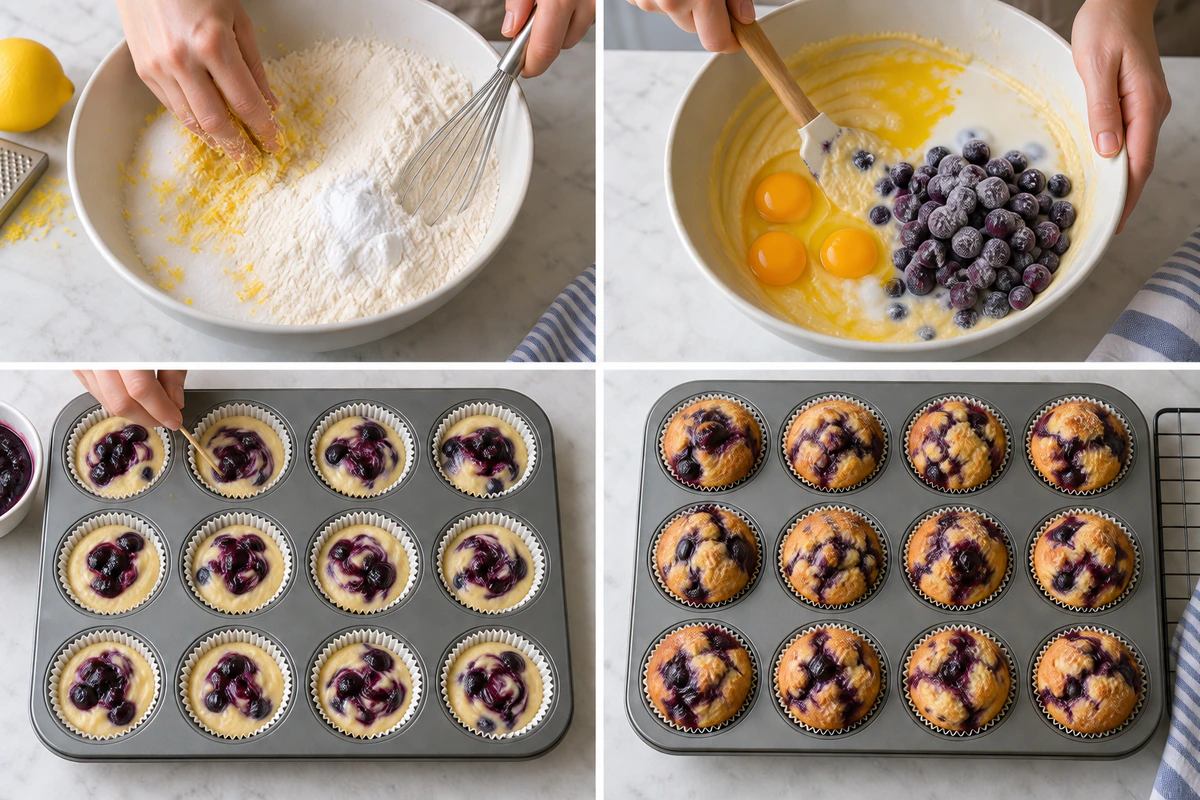 Four chronological preparation stages for Blueberry Jam Muffins