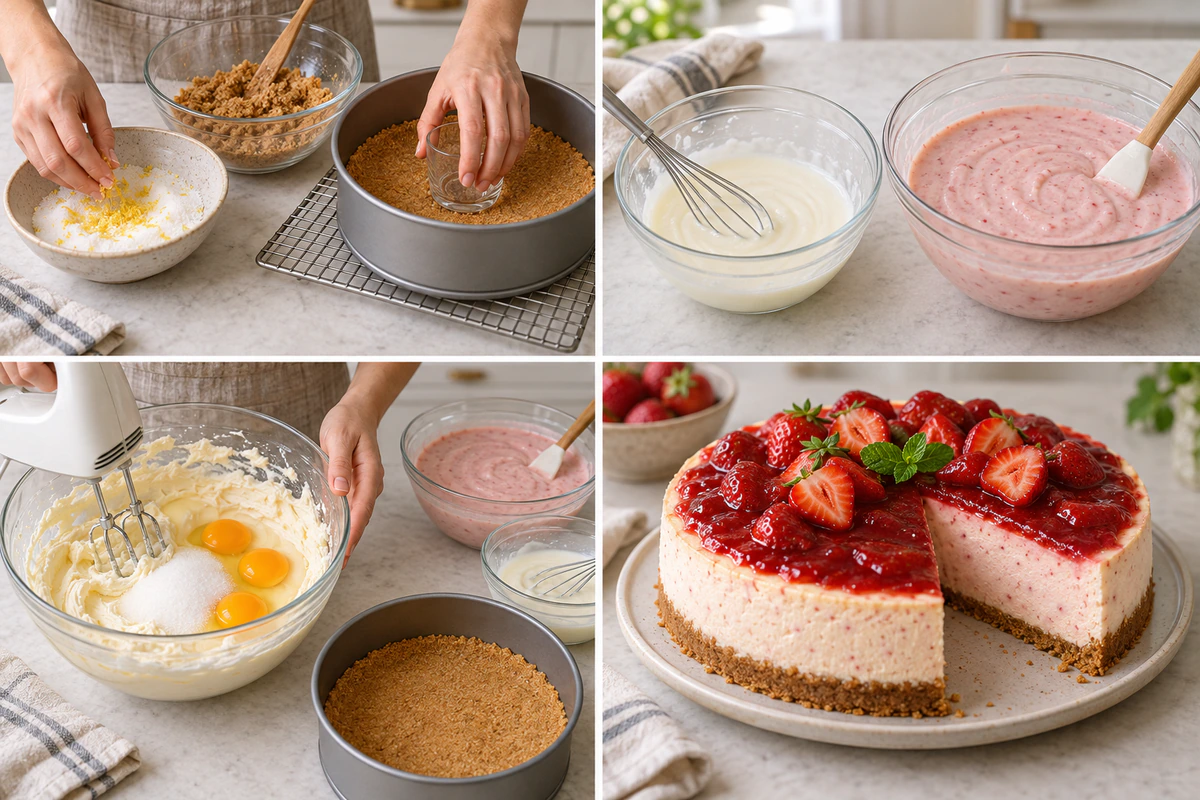 Four chronological preparation stages for Creamy Strawberry Cheesecake
