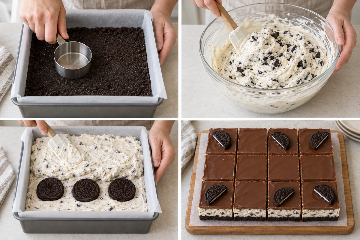 Four chronological preparation stages for No-Bake Oreo Cheesecake Bars