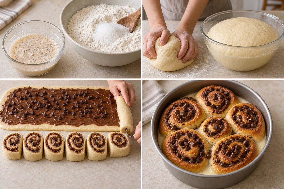 Four chronological preparation stages for Nutella Rolls