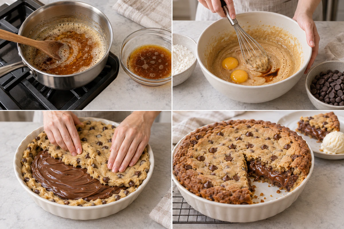 Four chronological preparation stages for Nutella-Stuffed Cookie Pie