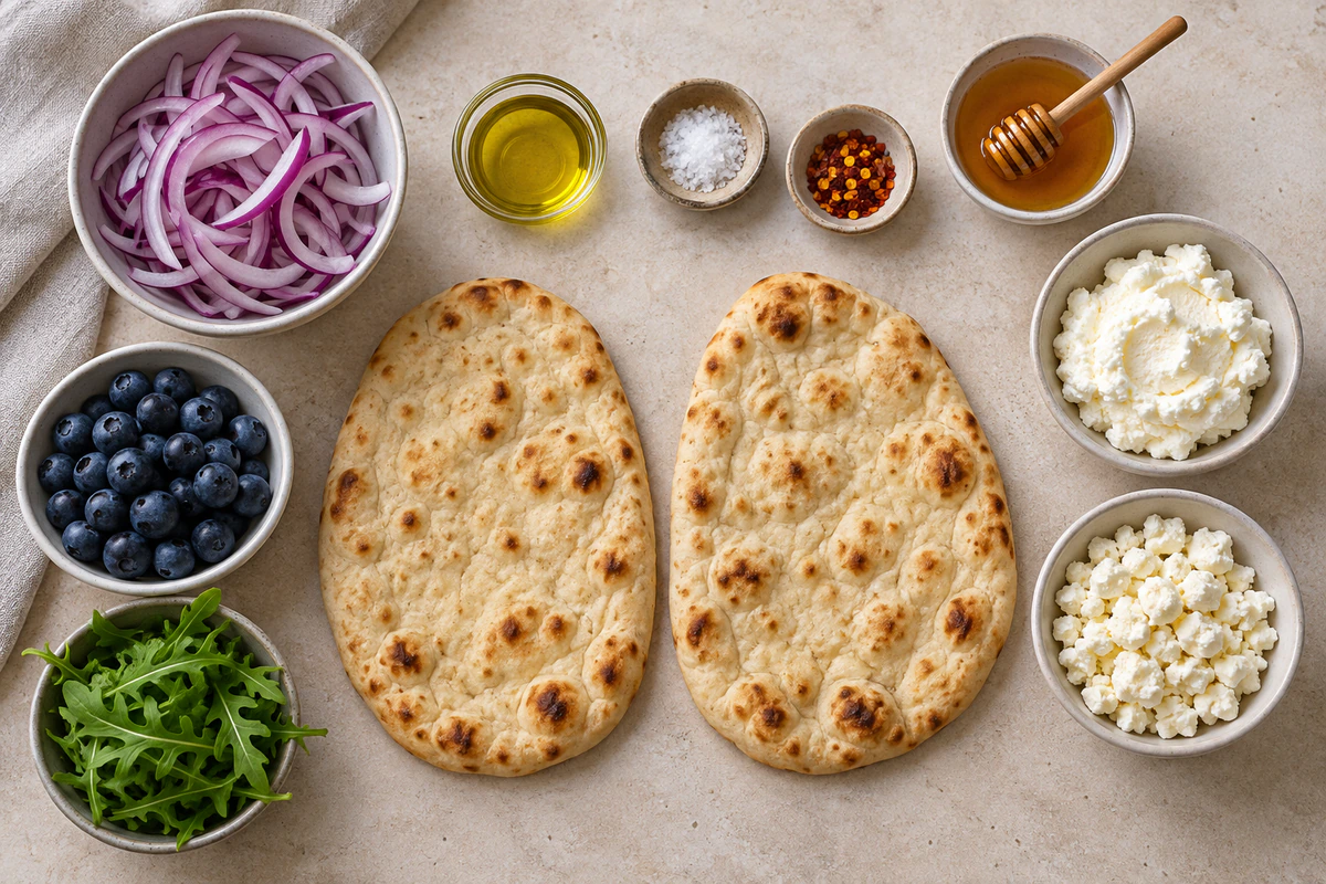 Exact measured ingredients for Blueberry, Feta and Honey-Caramelized Onion Naan Pizza