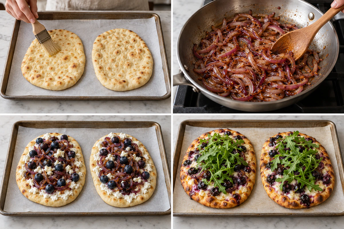 Four chronological preparation stages for Blueberry, Feta and Honey-Caramelized Onion Naan Pizza