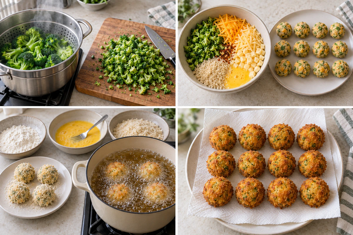 Four chronological preparation stages for Broccoli Cheese Balls